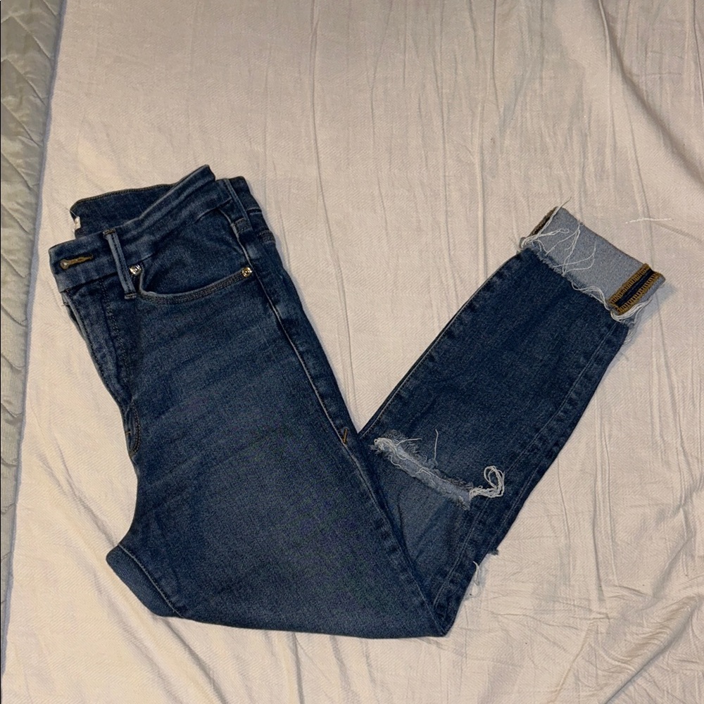 Good American Dark Blue Distressed Ankle Jeans